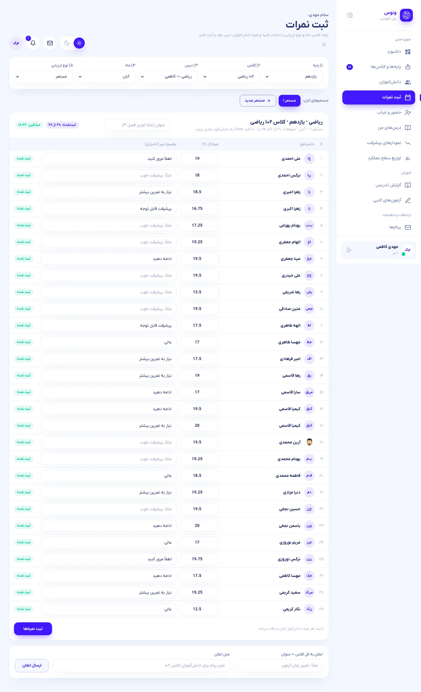 Teacher gradebook for one class and subject